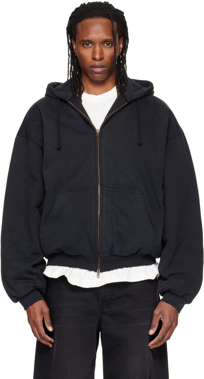 Black Puffed Zip Up Hoodie 262669M202022
