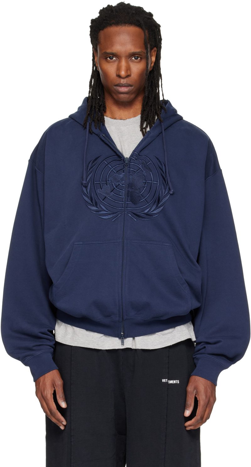 Navy Embroidered Zip Up Hoodie 262669M202020