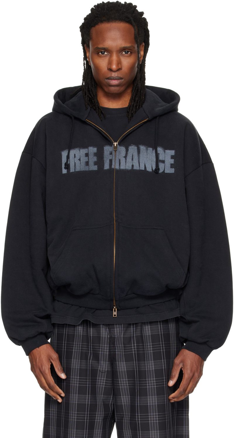 Black Puffed Zip Up Free France Hoodie 262669M202023