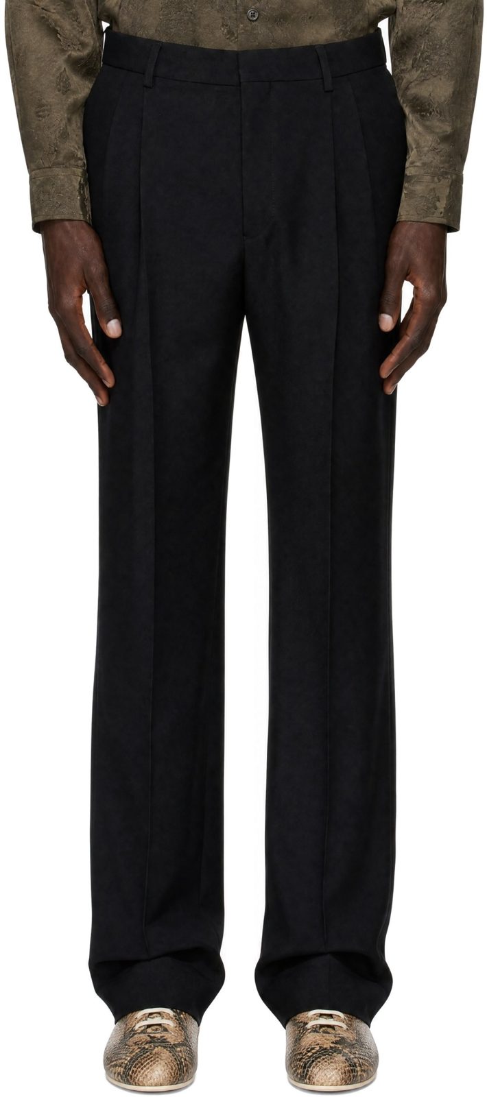 Black Pleated Wool Trousers 262358M191019