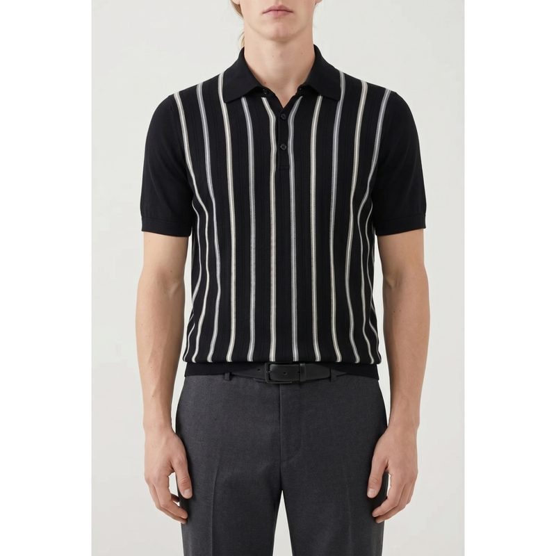 Brunello Cucinelli Black Striped Cotton Polo Shirt_Multi-Color