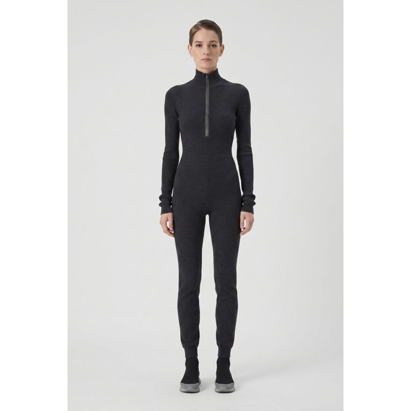 Brunello Cucinelli Wodark Grey Wool Knit Jumpsuit_Grey