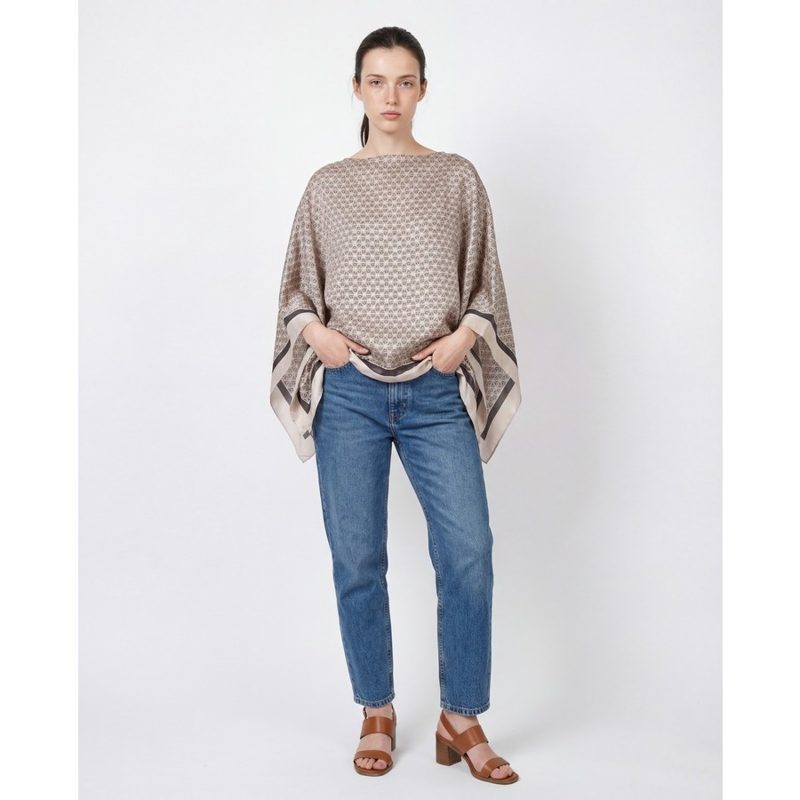 Brunello Cucinelli Womens Anthracite Beige Silk Shawl Top_Beige