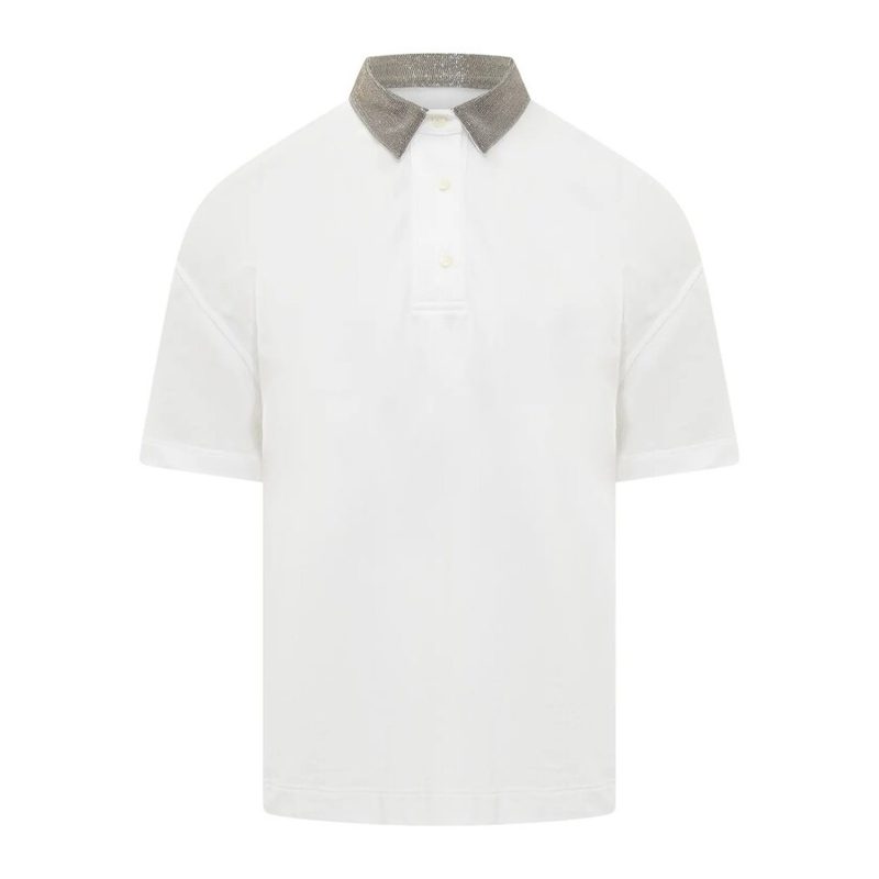 Brunello Cucinelli White Polo With Embellished Collar_White