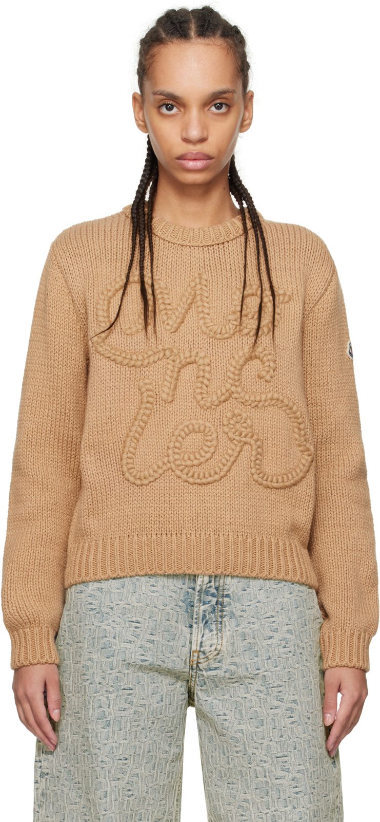 Beige Embroidered Logo Cotton Sweater 251111F096000