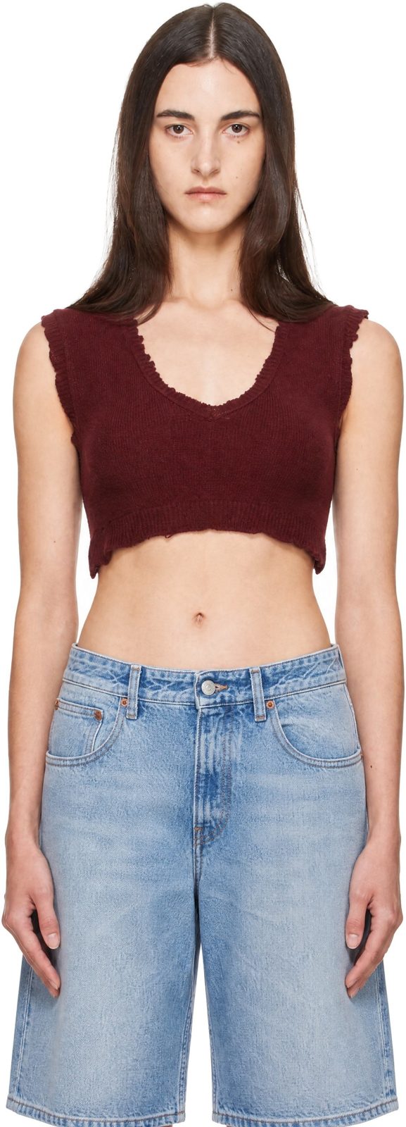 Burgundy Lived In Cropped Sweater Vest 262168F068001