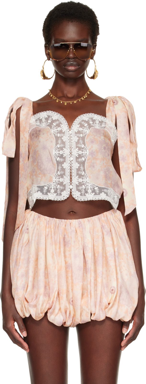 Chloe Pink Knotted-Strap Cropped Top 262338F111001