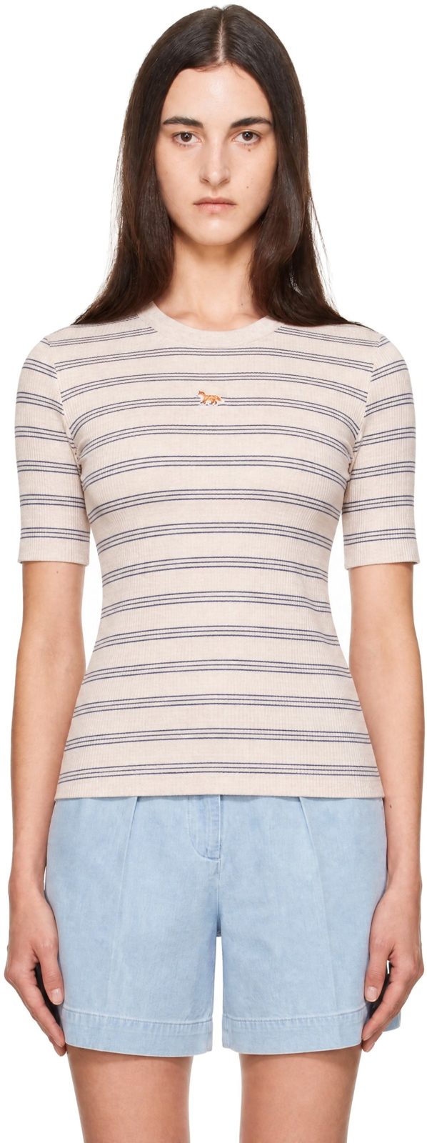 Maison Kitsune Beige Baby Fox Striped Fitted T-shirt 262389F110017