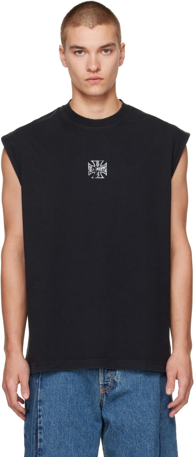 Black Biker Cross Logo Sleeveless T-shirt 262669M214006