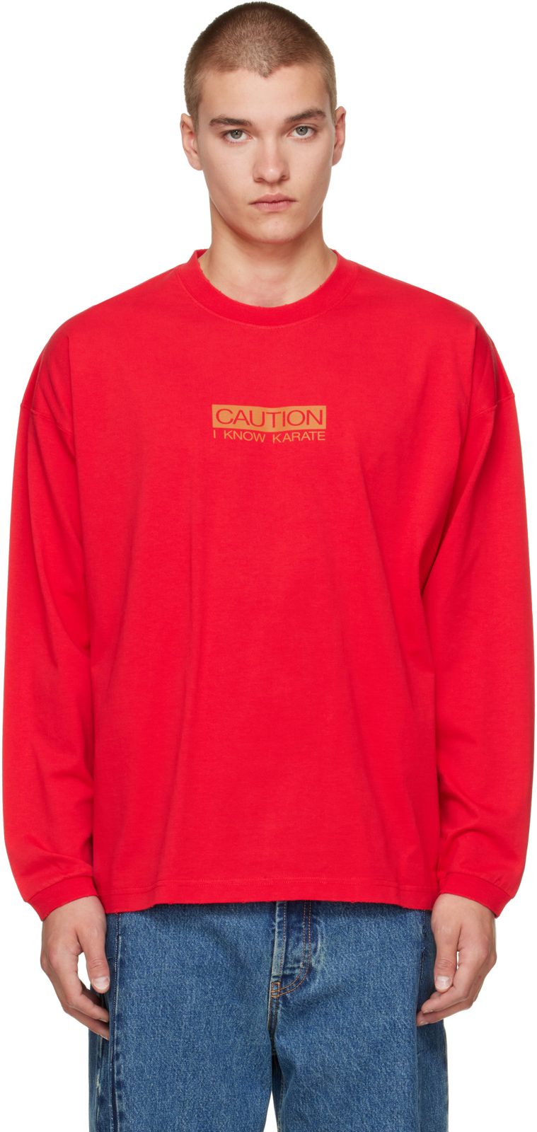 Red Caution I Know Karate Longsleeve T-shirt 262669M213005