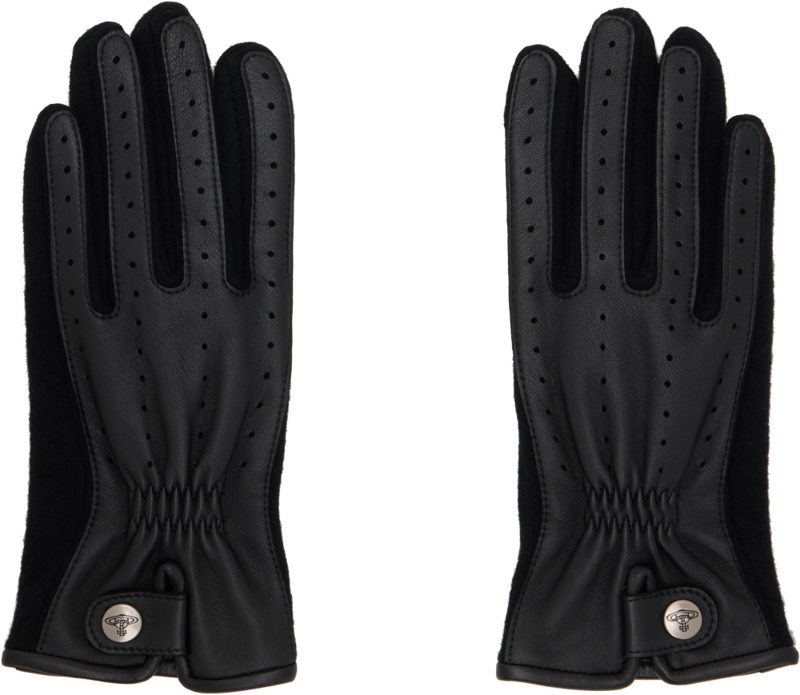 Black Leather & Wool Gloves 262314M135003