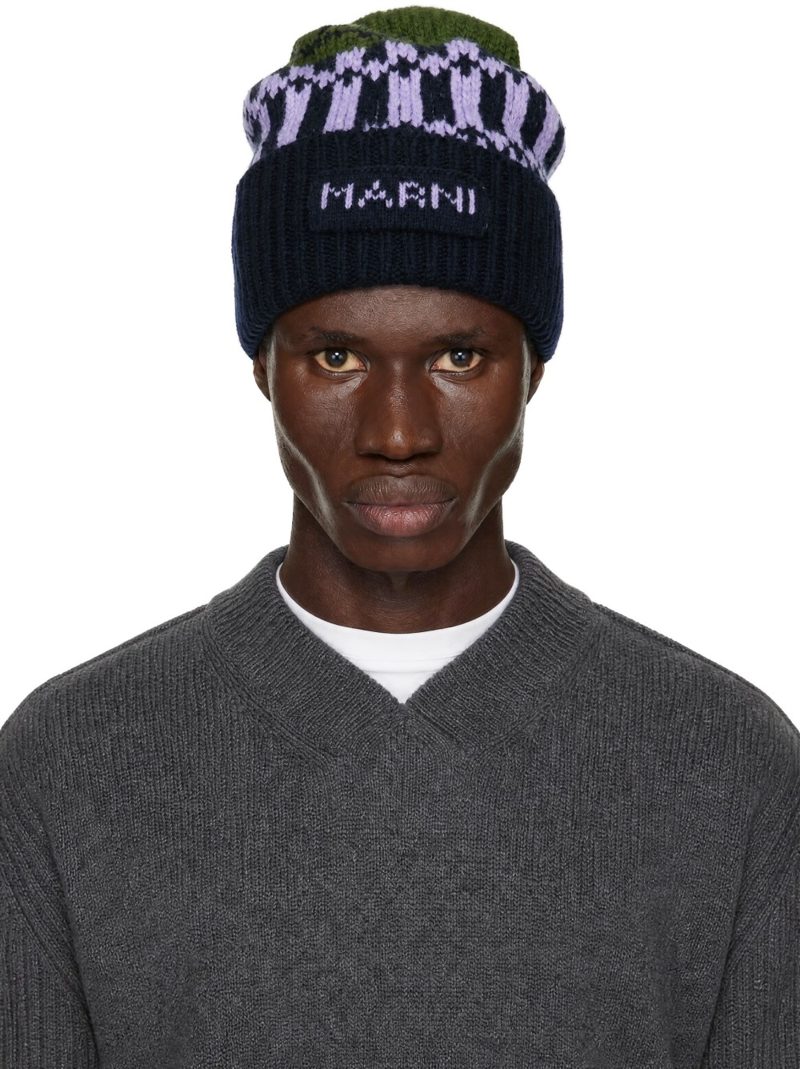 Marni Green & Navy Knit Wool Beanie 262379M138001