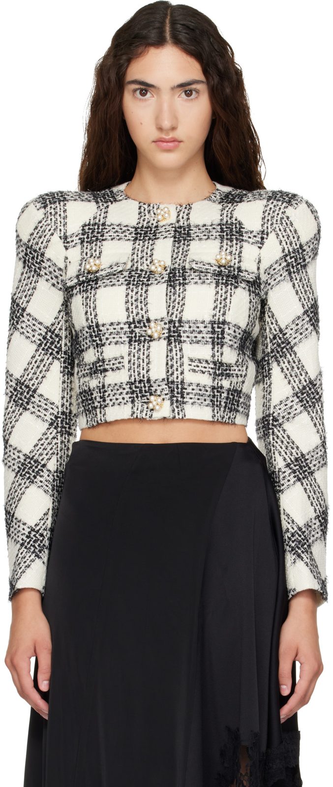 White & Black Round Shoulder Tweed Jacket 262669F063002