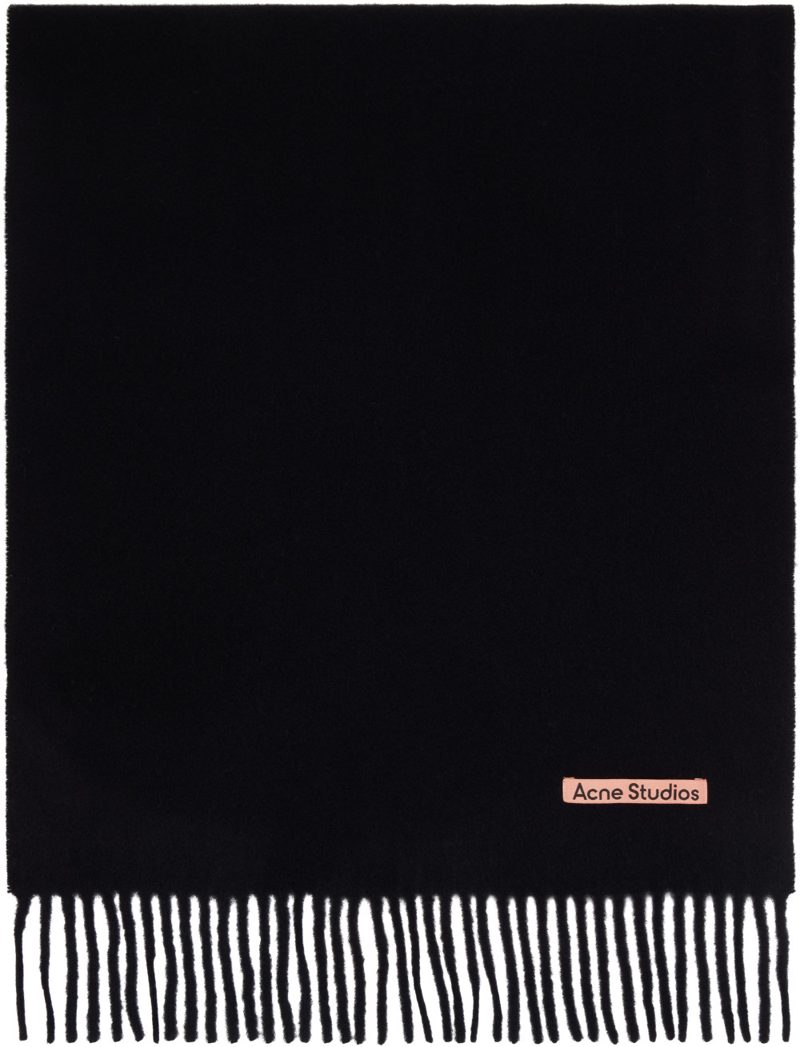 Black Fringed Wool Scarf 262129M150023