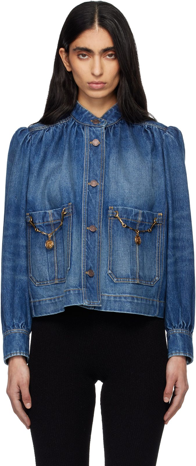Chloe Indigo High-Neck Gathered Denim Jacket 261338F060000