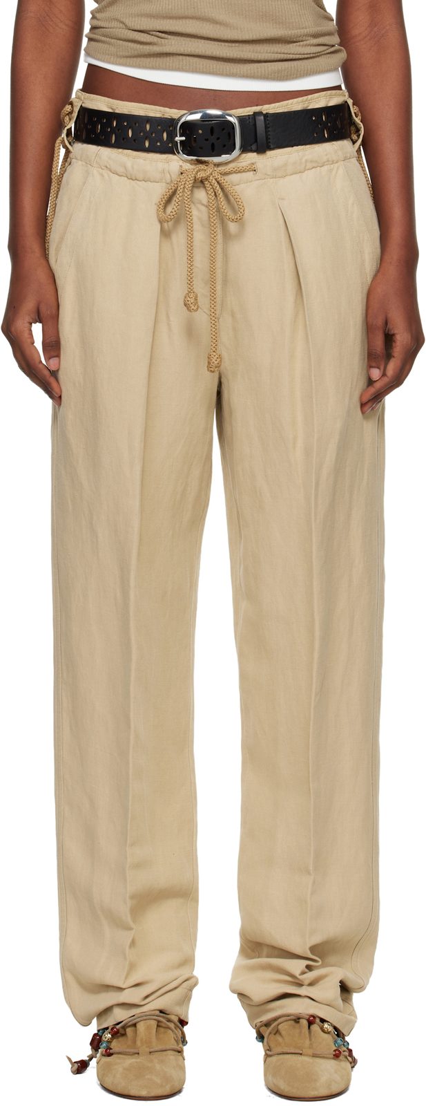 Beige Sharon Linen Silk Trousers 261600F087009
