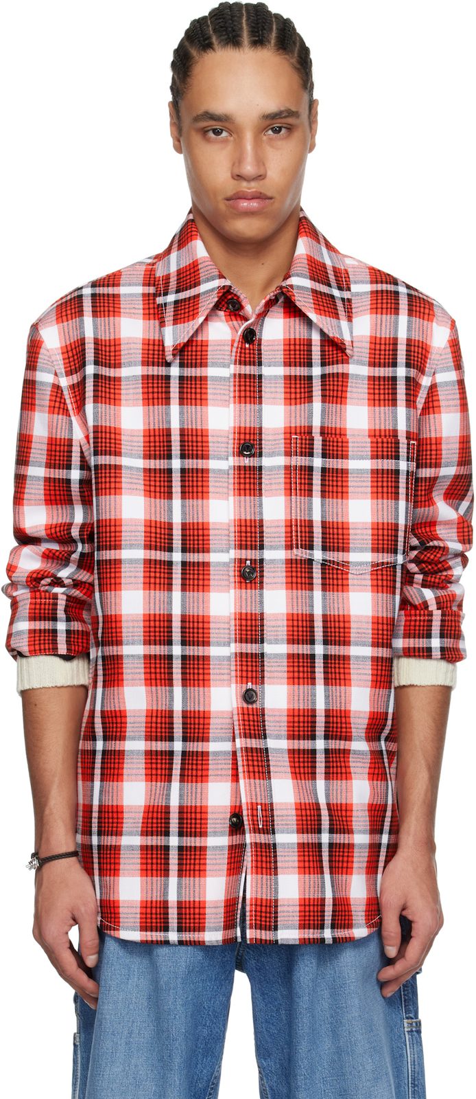 Red & White Structured Cotton Check Jacket 251798M192011