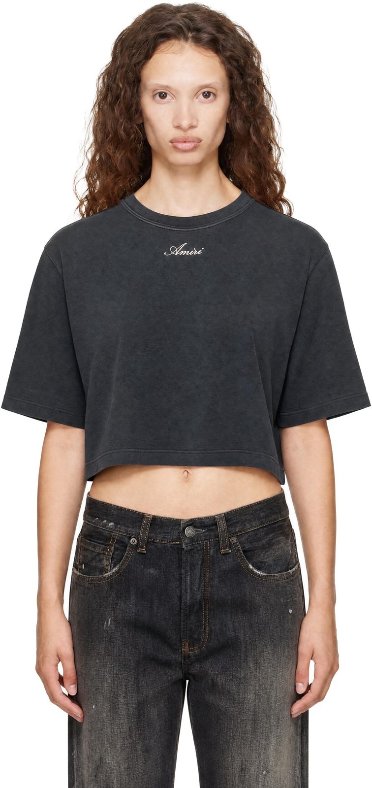 Gray Embroidered Cropped T-Shirt 262886F110008
