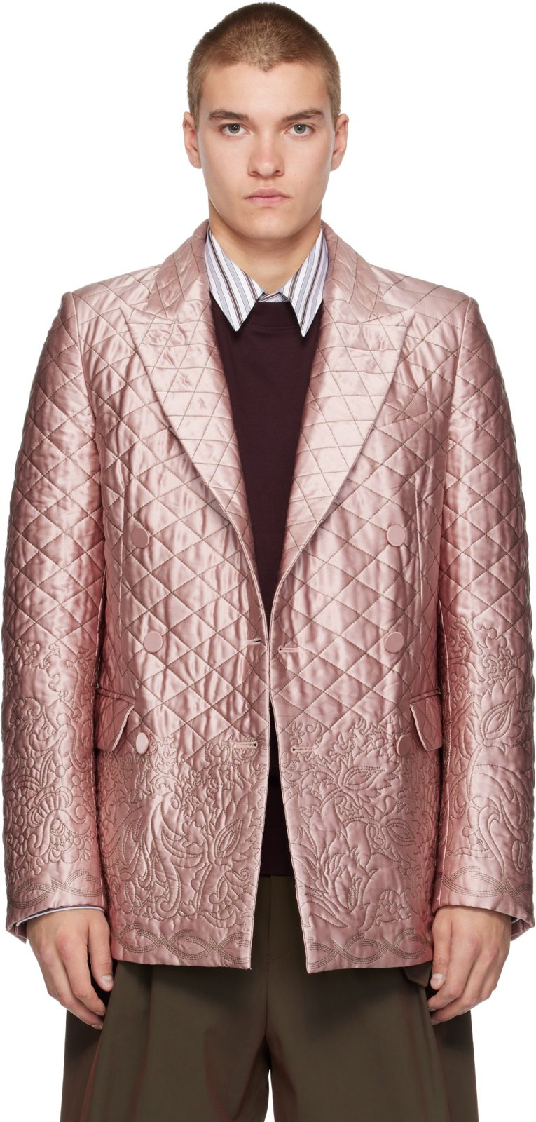 SSENSE Exclusive Pink Quilted Silk Blazer 262358M195019