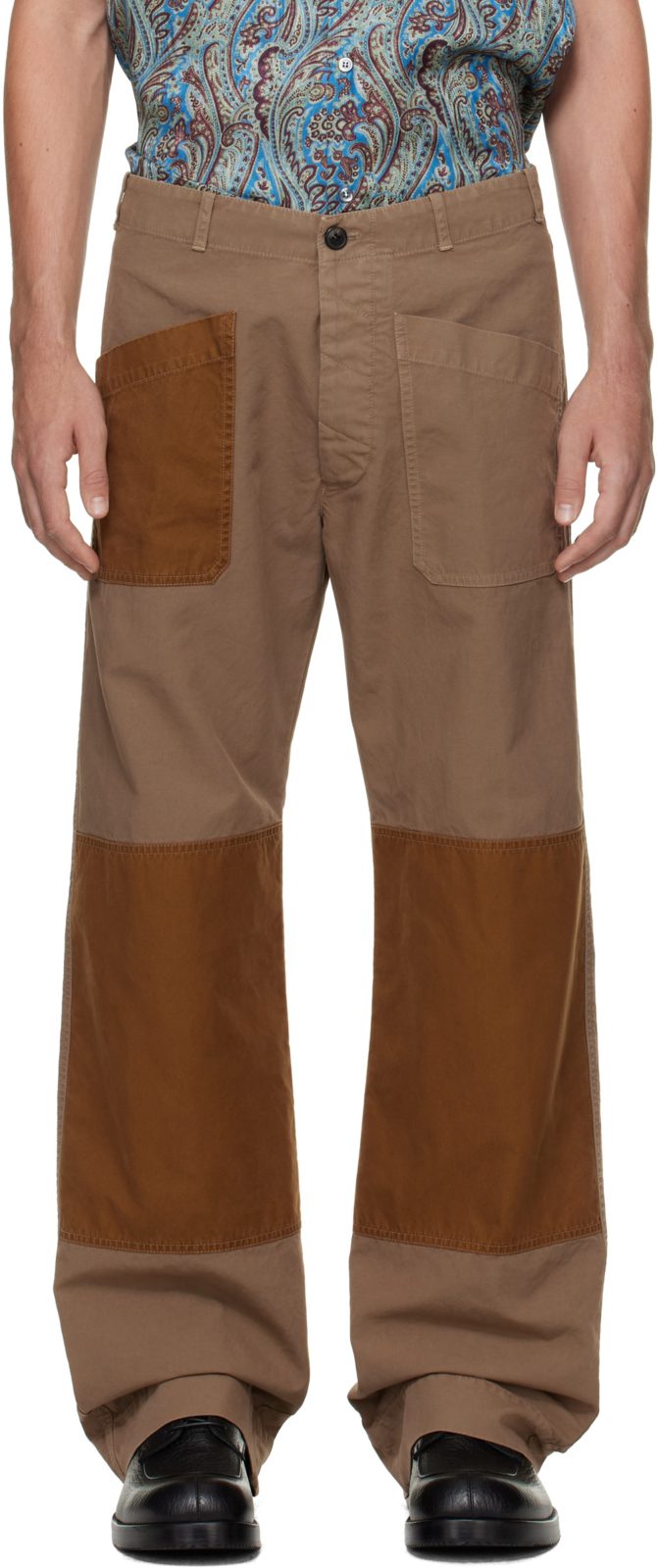 Beige & Tan Patch Trousers 262358M191003
