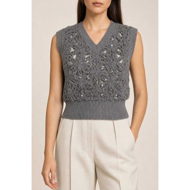 Brunello Cucinelli Womens Medium Grey Wool Knit Sweater_Grey