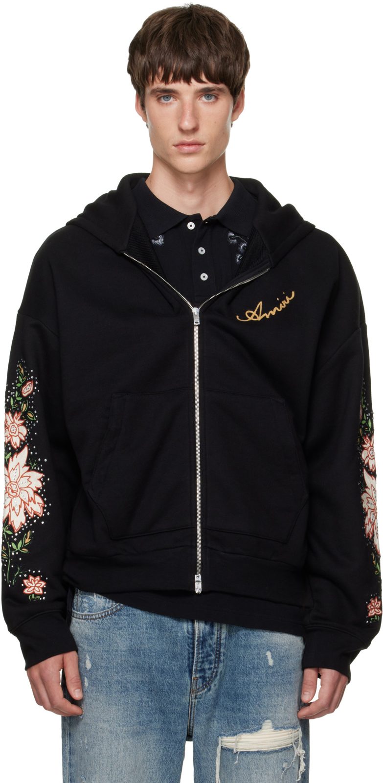 Black Floral Sleeve Zipped Hoodie 262886M202008