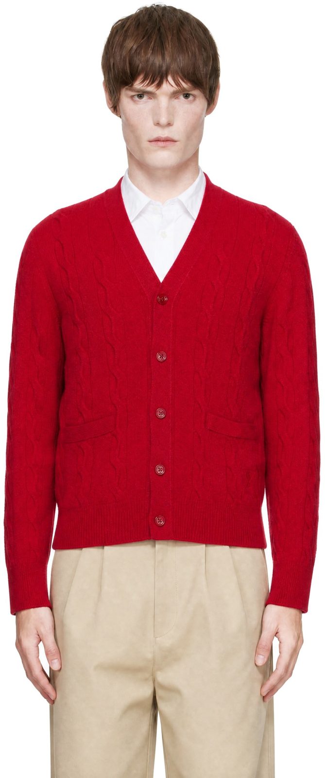 Red Cable Wool Cardigan 262482M200003