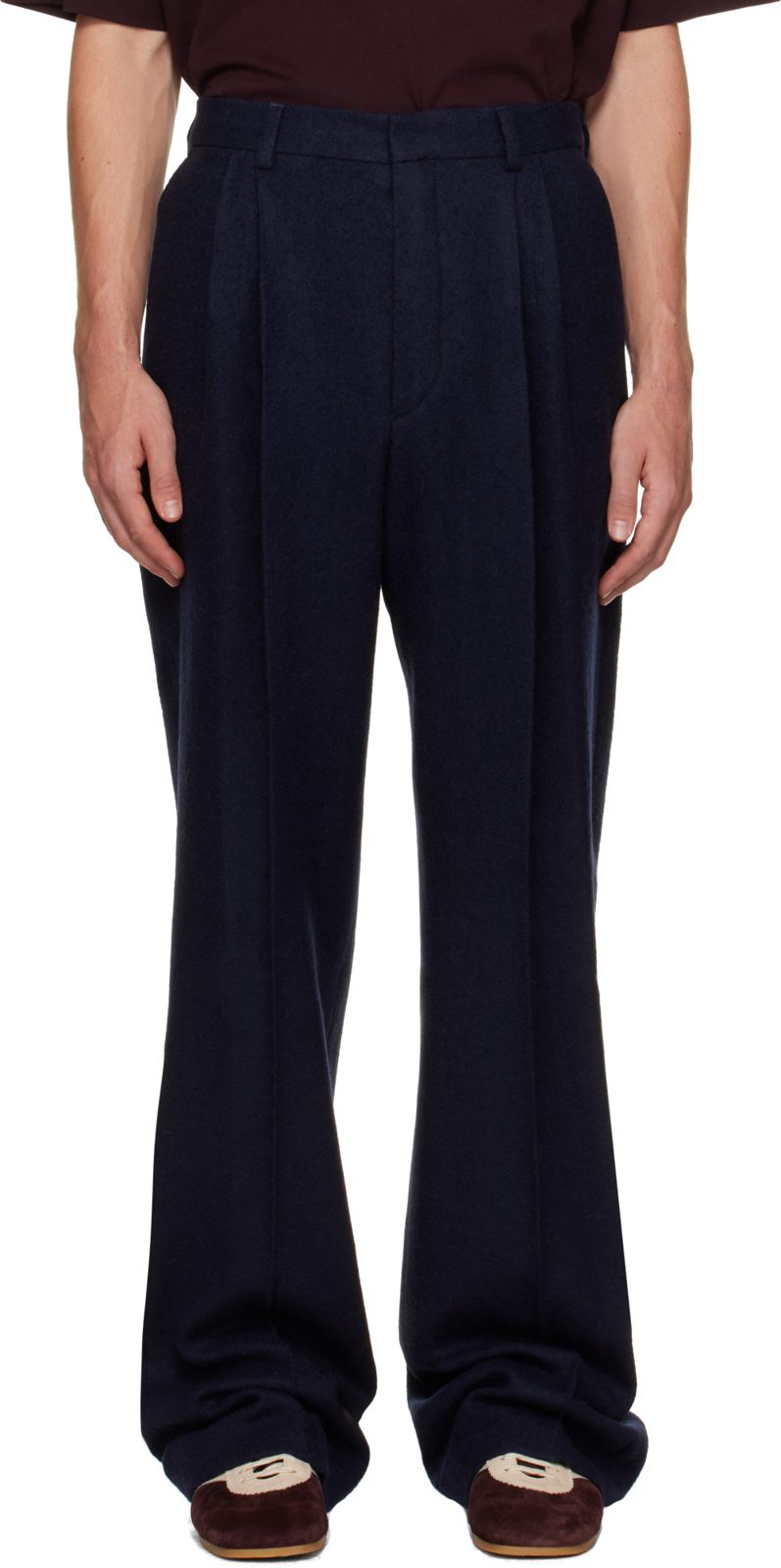 Navy Pleated Wool Trousers 262358M191025