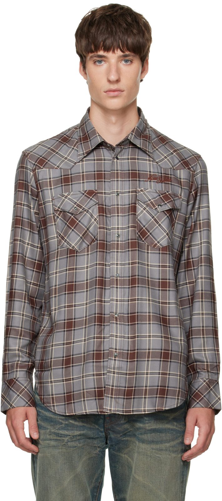 Gray Flannel Check Button-Up Shirt 262129M192002