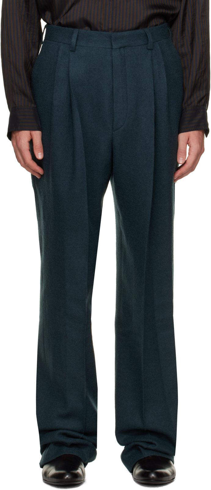 Green Pleated Wool Trousers 262358M191024