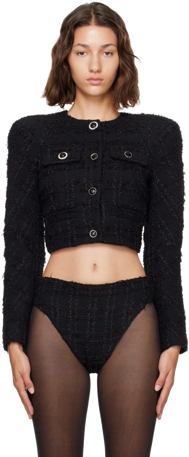 Black Round Shoulder Tweed Jacket 262669F063001