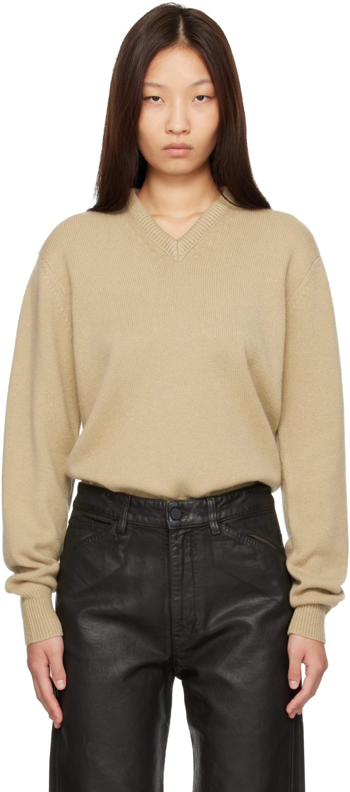 Beige V-Neck Sweater 262646F100003