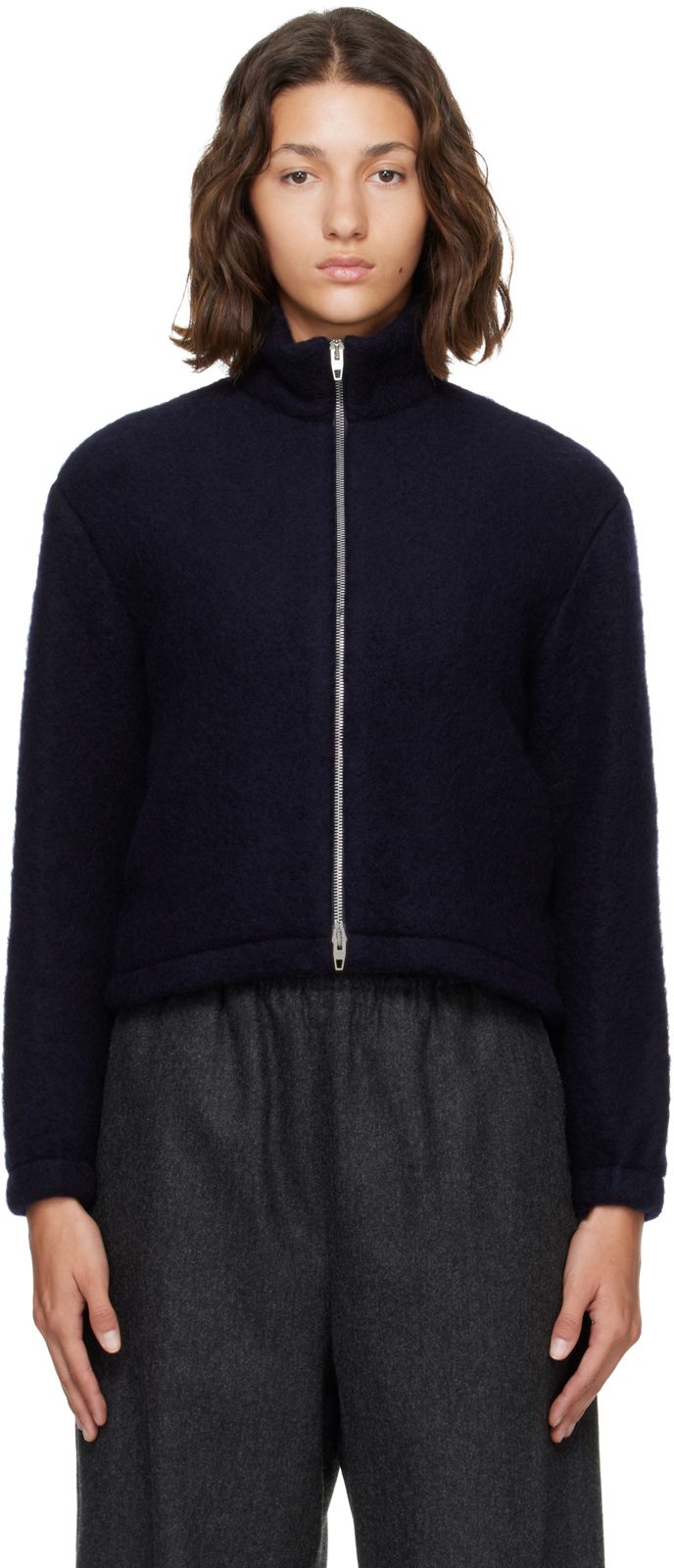 Navy High Neck Zip-Up Cropped Jacket 262249F097000
