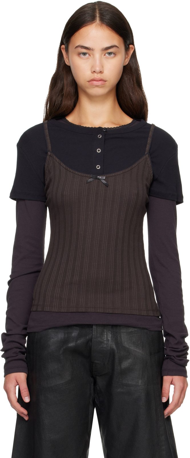 Black & Gray Layered Jersey Bow T-shirt 262129F110069
