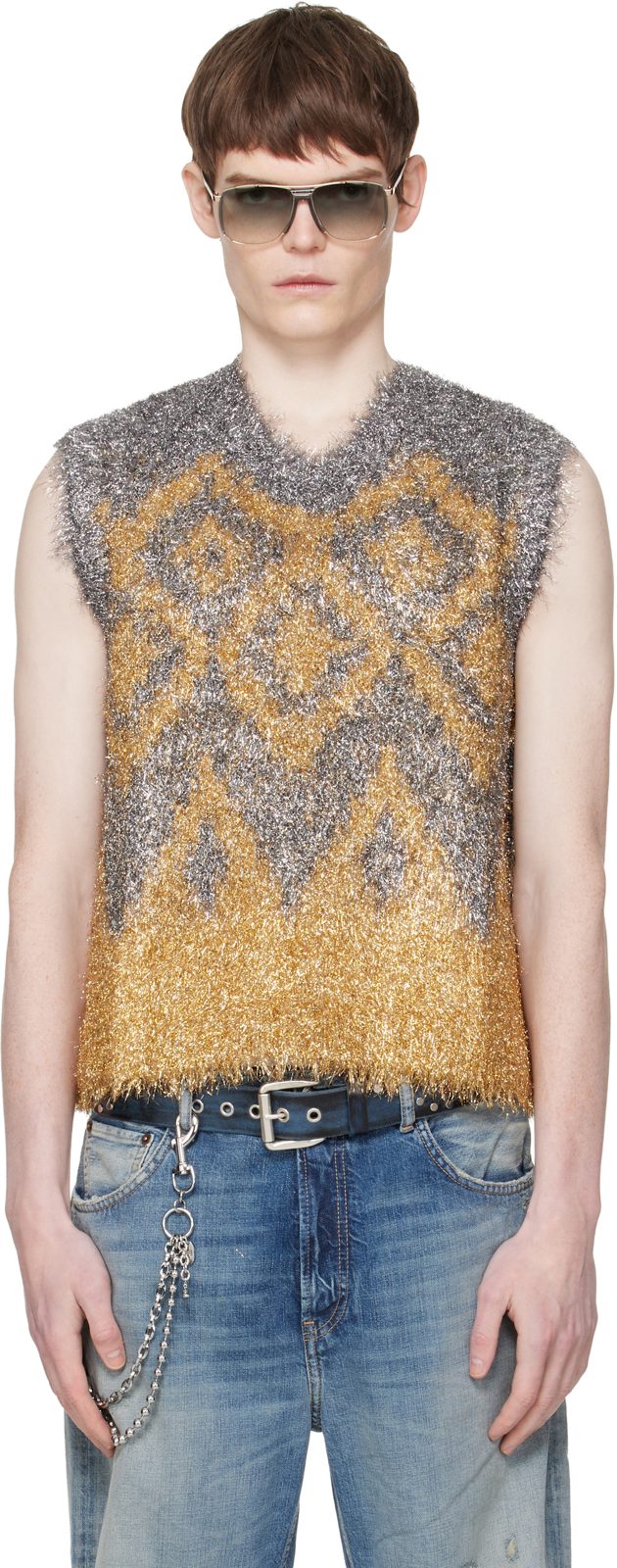 Gray Metallic Knit Vest 261129M206000