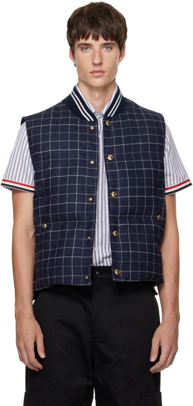 Navy Down Snap-Front Windowpane Tweed Vest 262381M185000