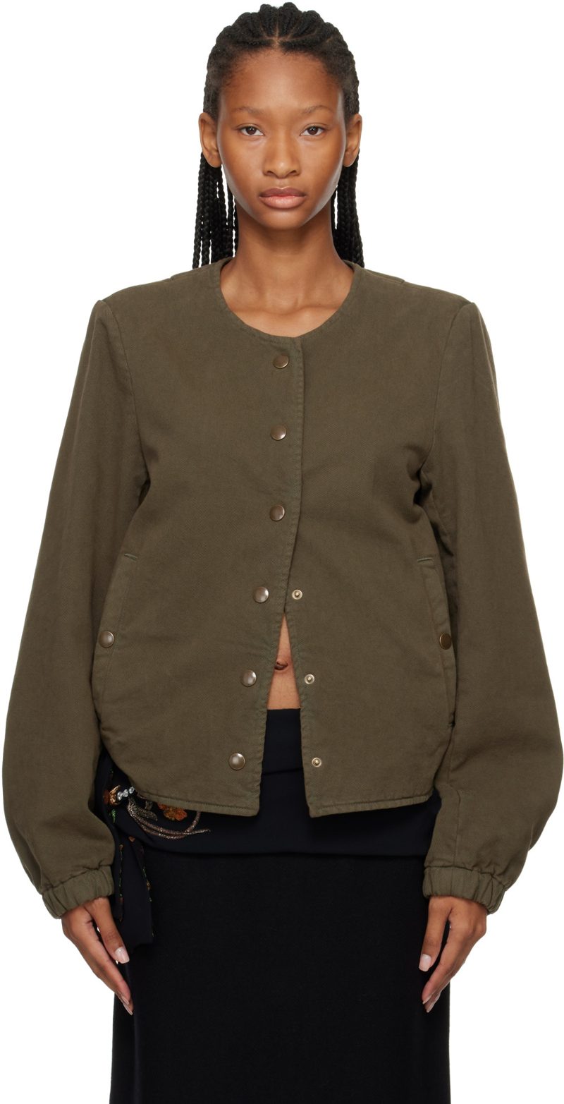 Khaki Collarless Jacket 262358F063004