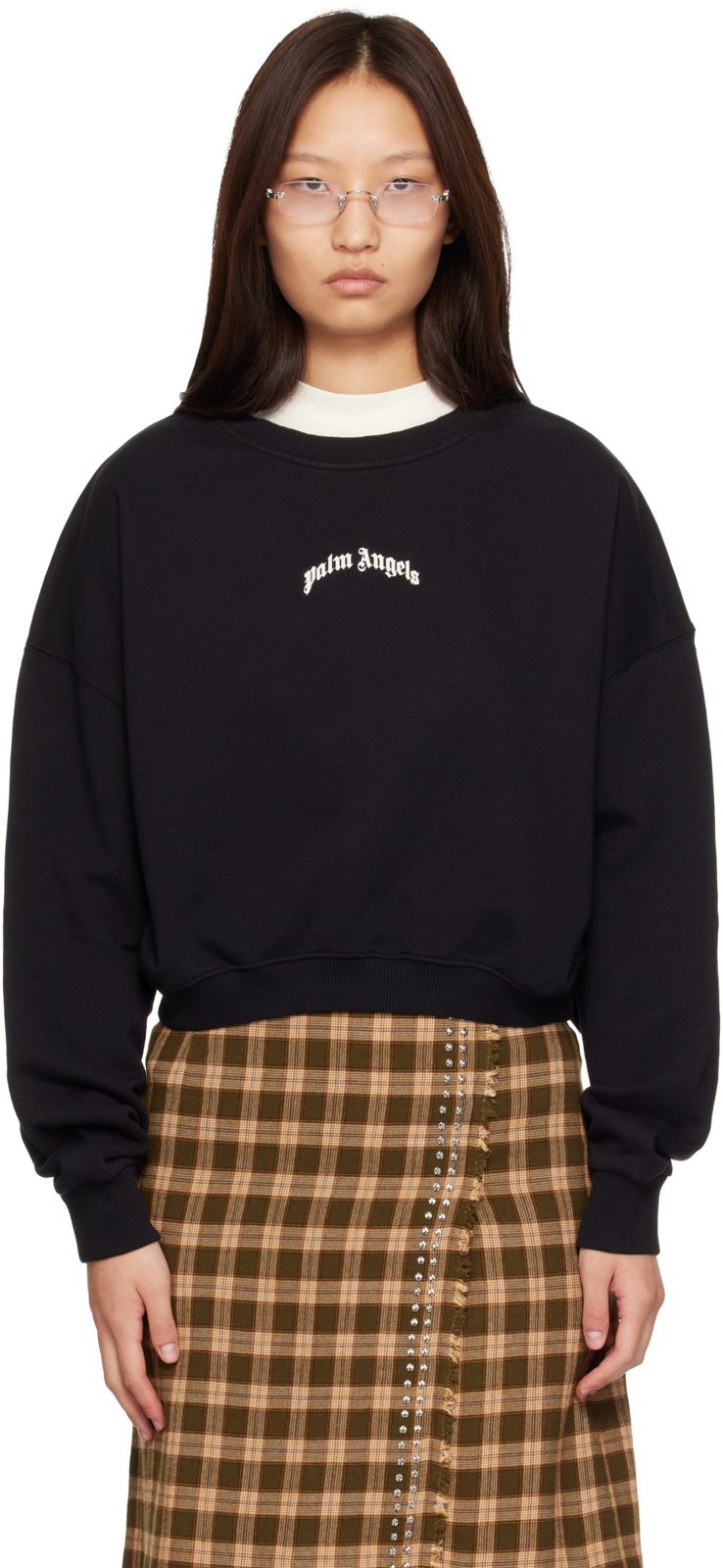 Black Curved Logo Loose Crop Crewneck Sweatshirt 262695F098001