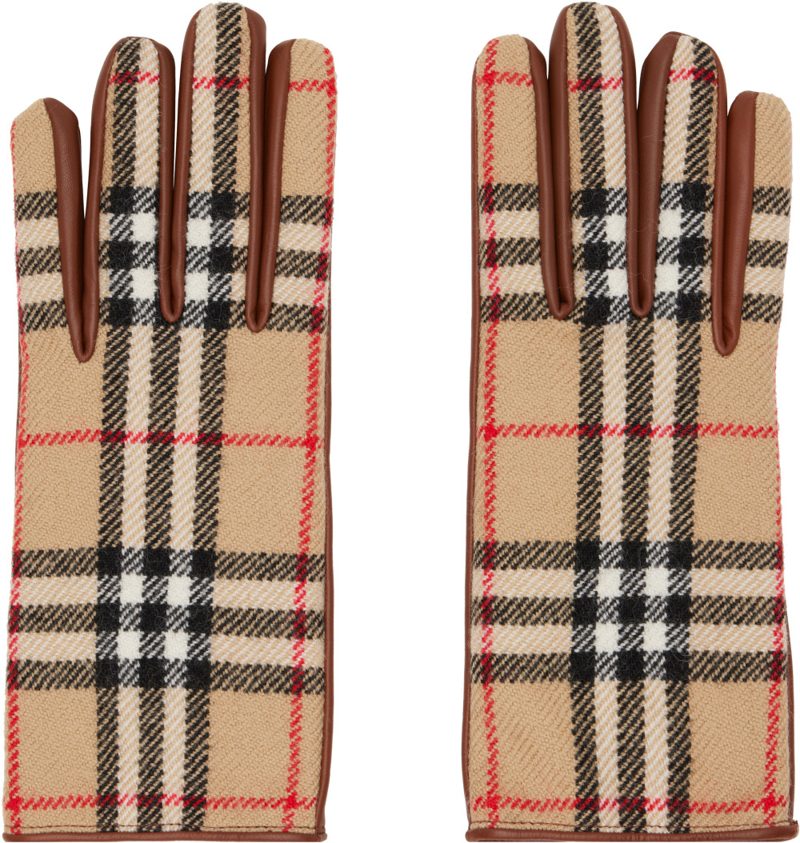 Beige & Brown Check Wool Gloves 262376M135000