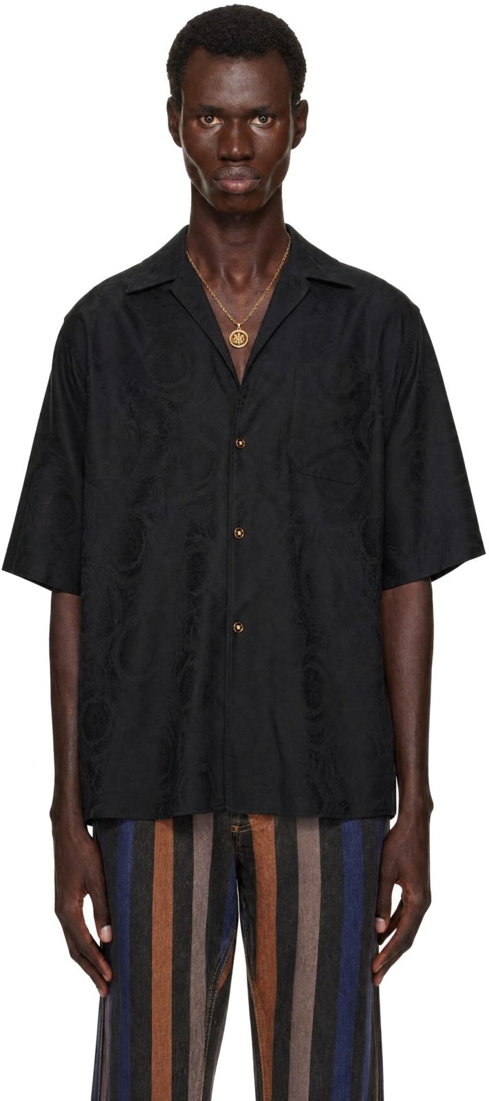 Black Jacquard Cotton-Poplin Shirt 252404M192005