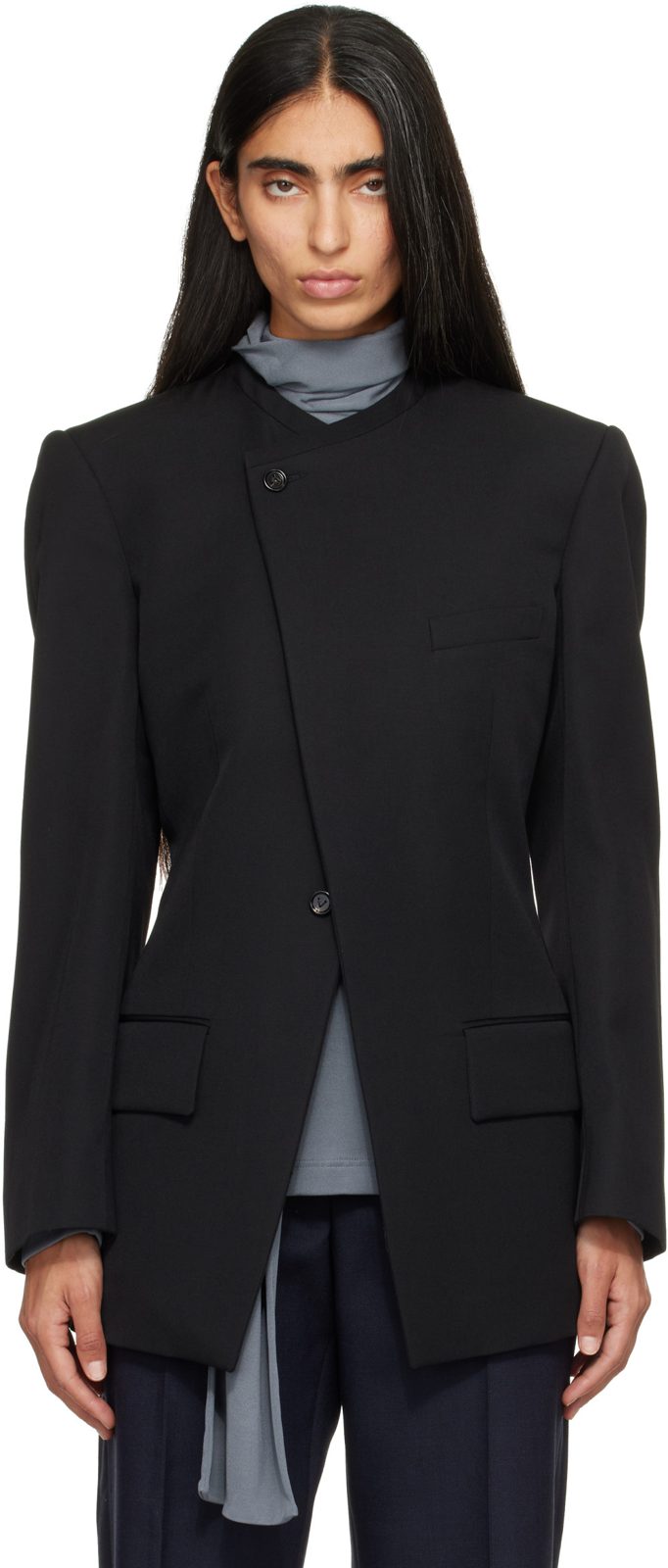 Black Wool Grain De Poudre Collarless Blazer 262798F057002
