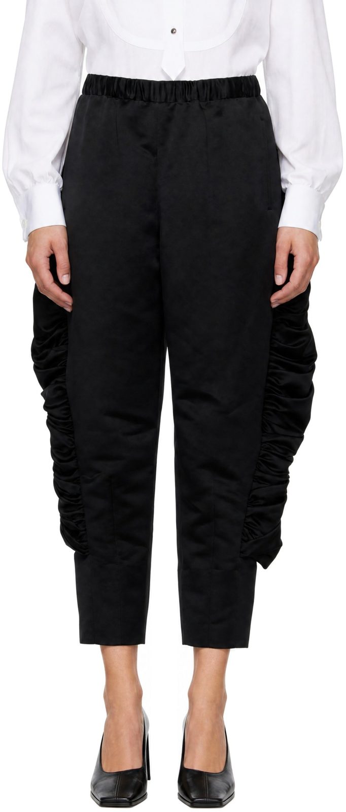 Comme des Garcons Black Satin Ruffled Trousers 262245F087002
