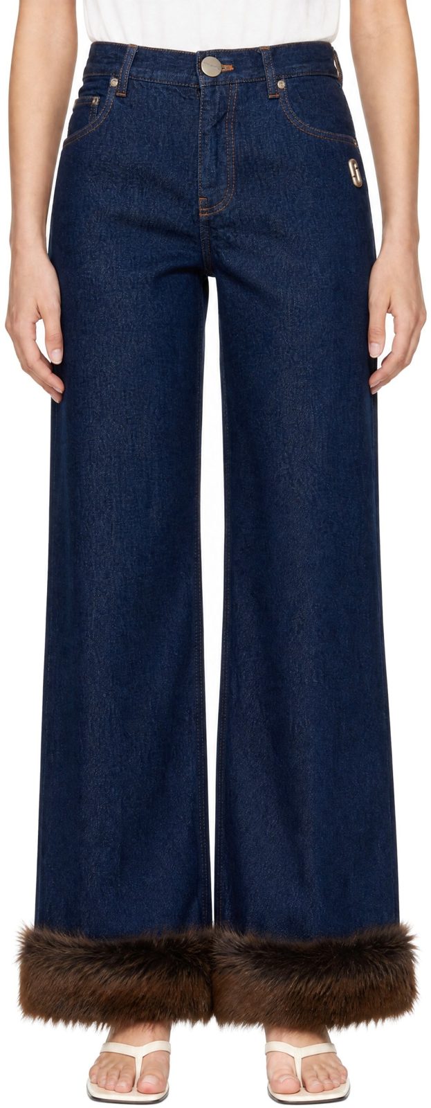 Blue Faux Fur Cropped Jeans 262190F069001