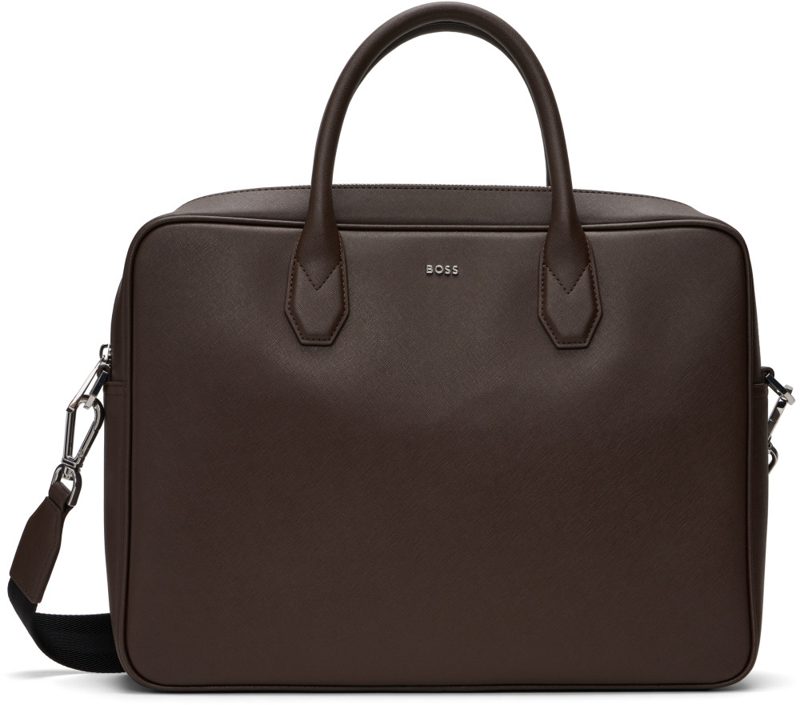 Brown Logo Lettering Grained Briefcase 262085M167013
