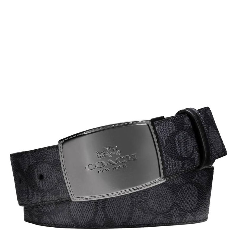 Coach Stitched Plaque Buckle Cut-To-Size Reversible Belt_Charcoal/Black