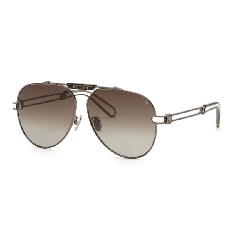 Philipp Plein Mens Black Aviator Sunglasses SPP048M 0584_Brown