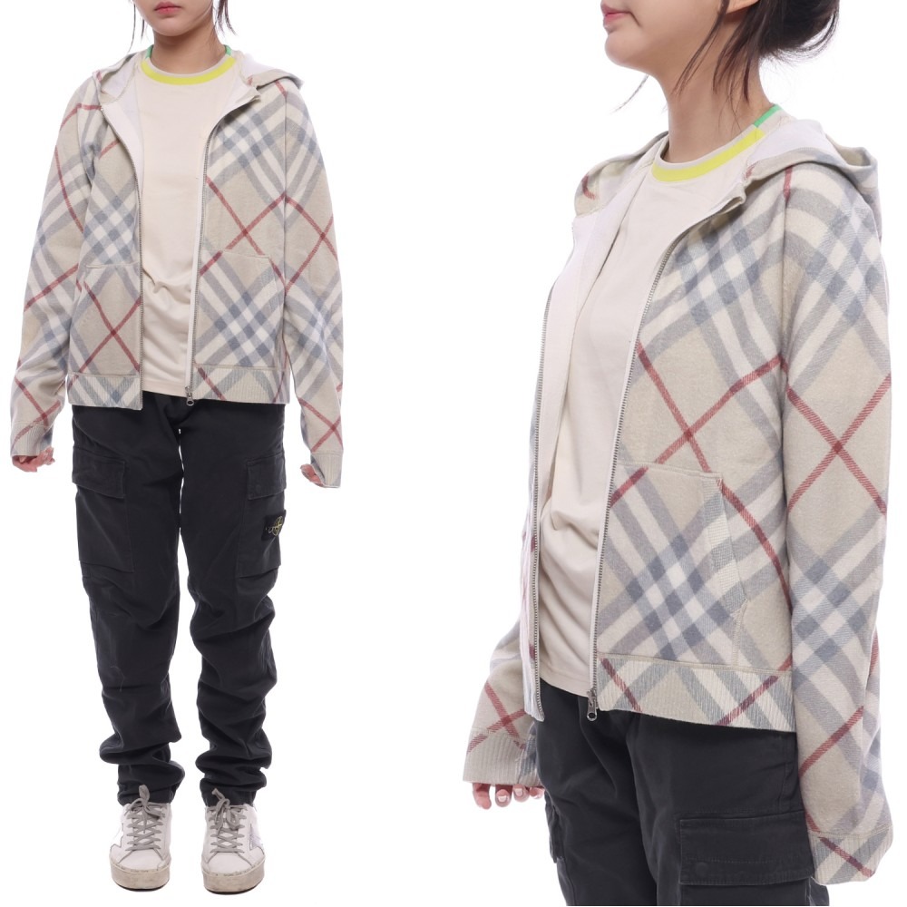 24FW 체크 울 후드집업 (8093140 PALE STONE 24F)