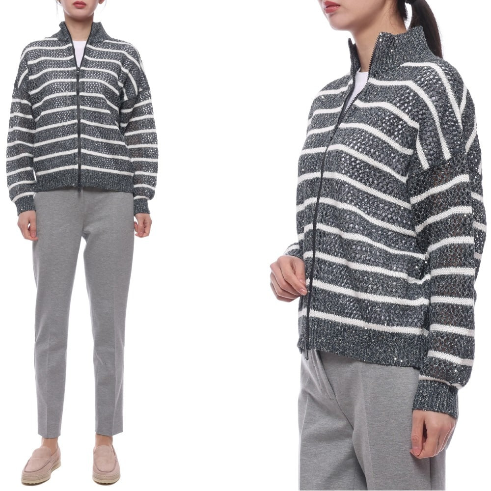 25SS 여성 린넨 스트라이프 메쉬 집업 니트 (MCO558906 CAS74 25S)