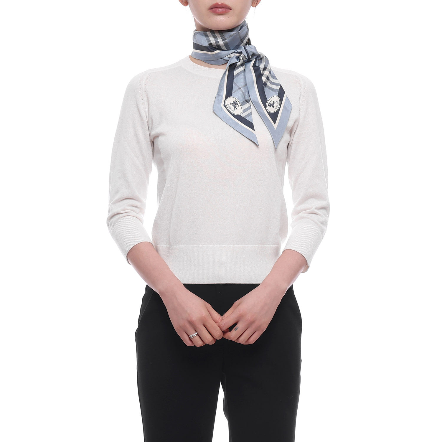 26FW 여성 체크 실크 스키니 스카프 (8114240 BANK BLUE 26F)