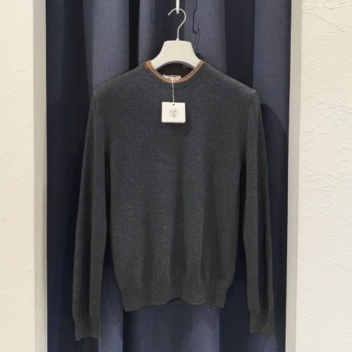 HERMES Knit Double Coat H Cashmere Sleeve Crew Neck Sweater Navy